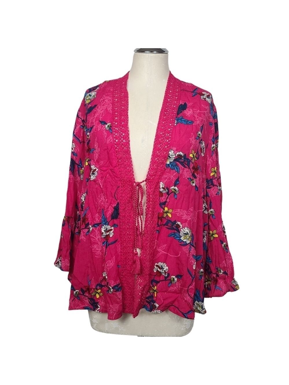 Jessica Simpson Freya Topper Flora Mimic Blue White Yellow Pink Kimono S
